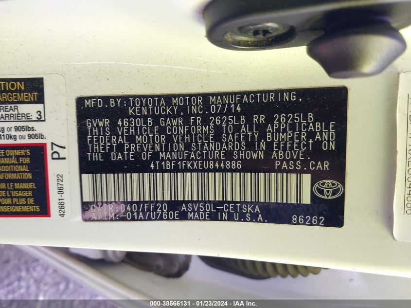 2014 TOYOTA CAMRY L/SE/LE/XLE - 4T1BF1FKXEU844886
