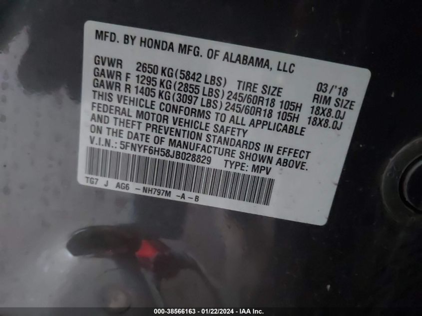 2018 HONDA PILOT EXL - 5FNYF6H58JB028829