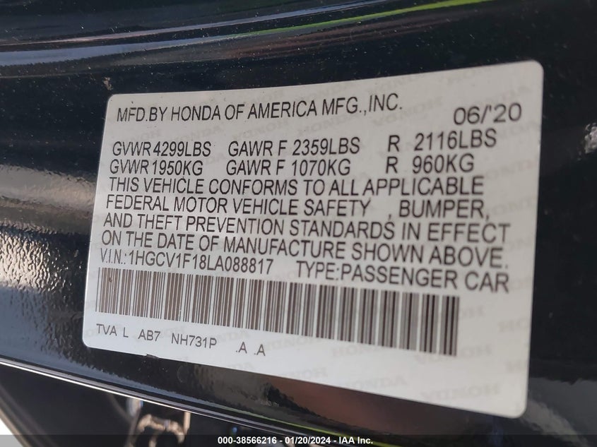 VIN 1HGCV1F18LA088817 2020 HONDA ACCORD LX