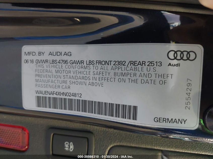 2017 AUDI A4 2.0T PREMIUM - WAUENAF4XHN024812