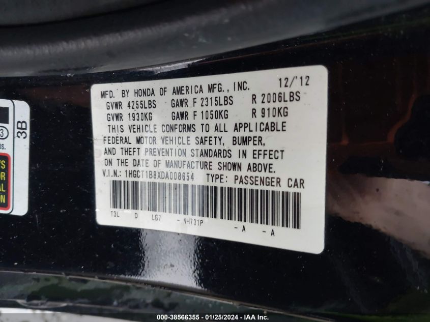 2013 HONDA ACCORD EX-L - 1HGCT1B8XDA008654