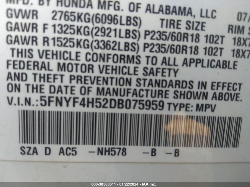 2013 HONDA PILOT EX-L - 5FNYF4H52DB075959