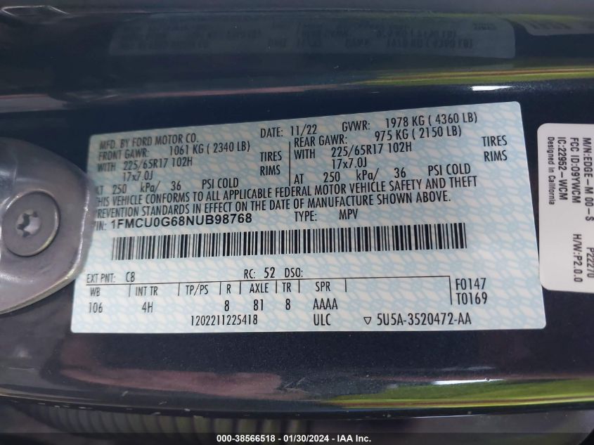 2022 FORD ESCAPE SE - 1FMCU0G68NUB98768