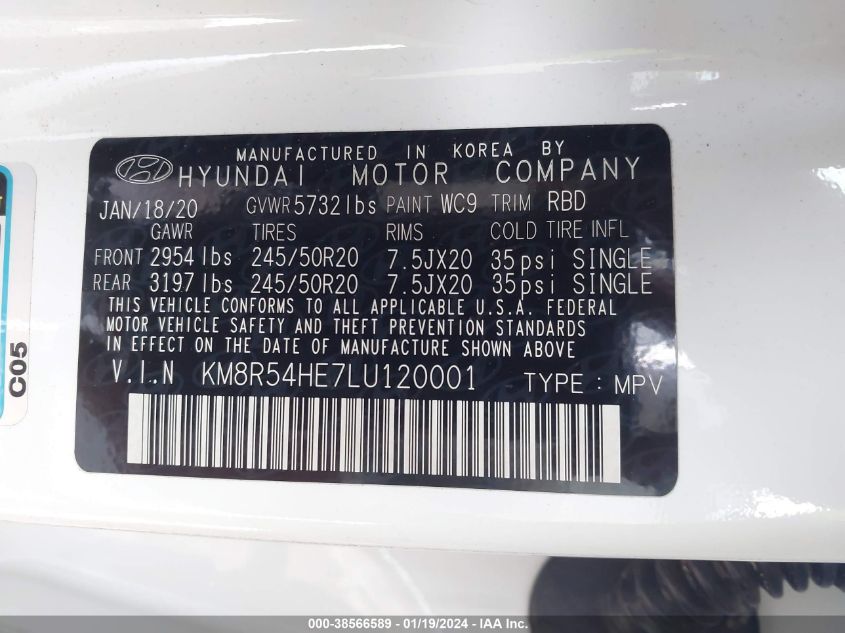 VIN KM8R54HE7LU120001 2020 HYUNDAI PALISADE no.9