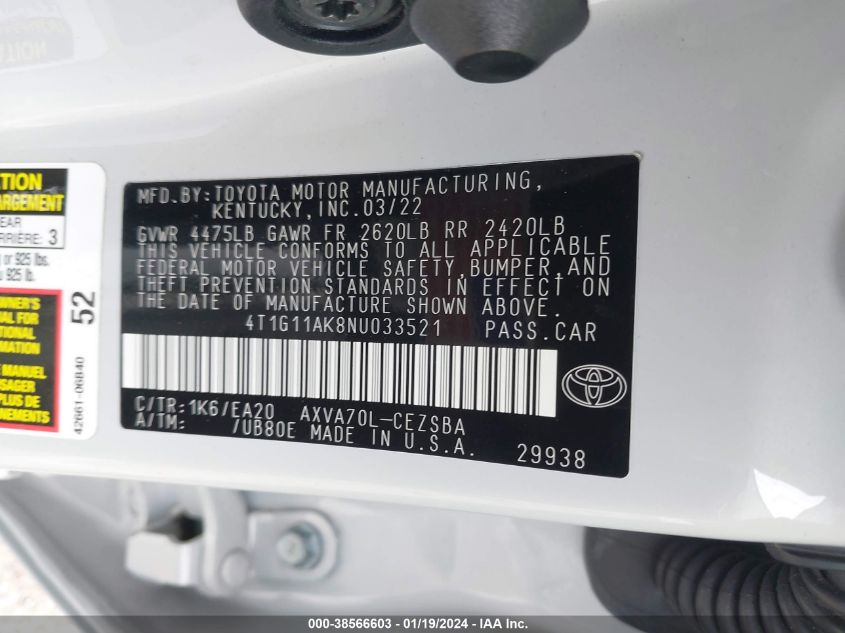 2022 TOYOTA CAMRY SE - 4T1G11AK8NU033521