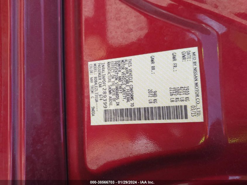 2015 NISSAN ALTIMA 2.5 S - 1N4AL3AP0FC289399