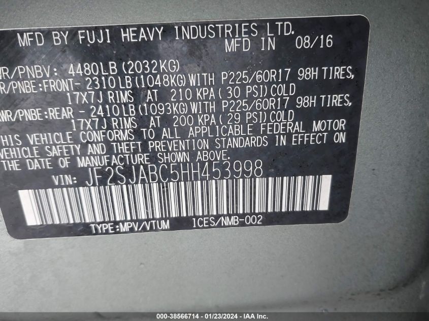 2017 SUBARU FORESTER 2.5I - JF2SJABC5HH453998