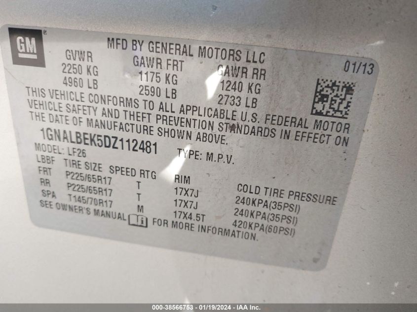 2013 CHEVROLET EQUINOX LS - 1GNALBEK5DZ112481