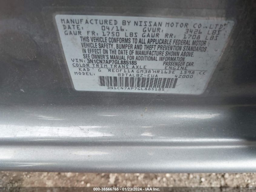 2016 NISSAN VERSA S/S PLUS/SV/SL - 3N1CN7AP7GL885185
