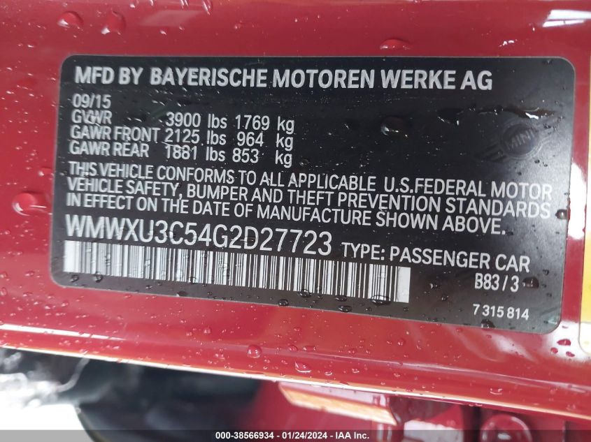 2016 MINI HARDTOP COOPER S - WMWXU3C54G2D27723