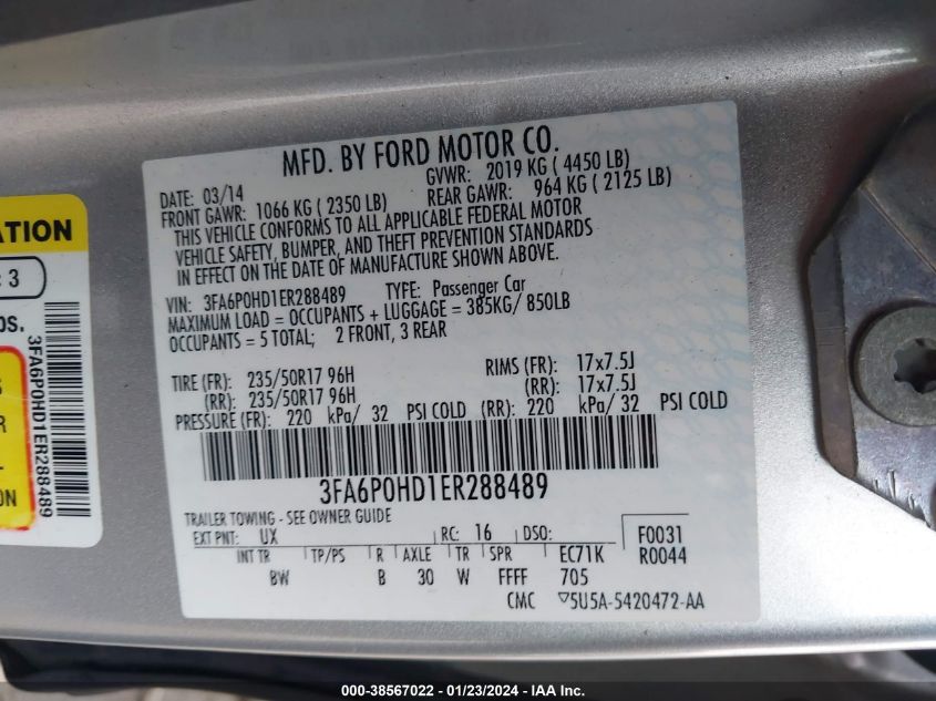 2014 FORD FUSION SE - 3FA6P0HD1ER288489