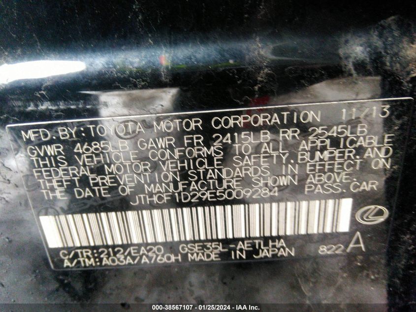 2014 LEXUS IS 250 - JTHCF1D29E5009284