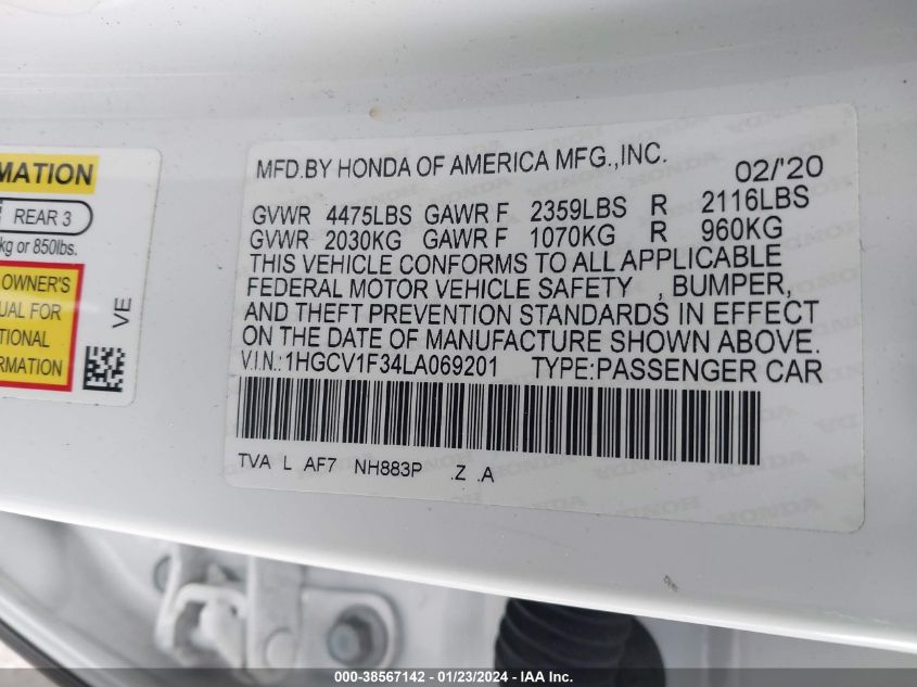 2020 HONDA ACCORD SPORT - 1HGCV1F34LA069201
