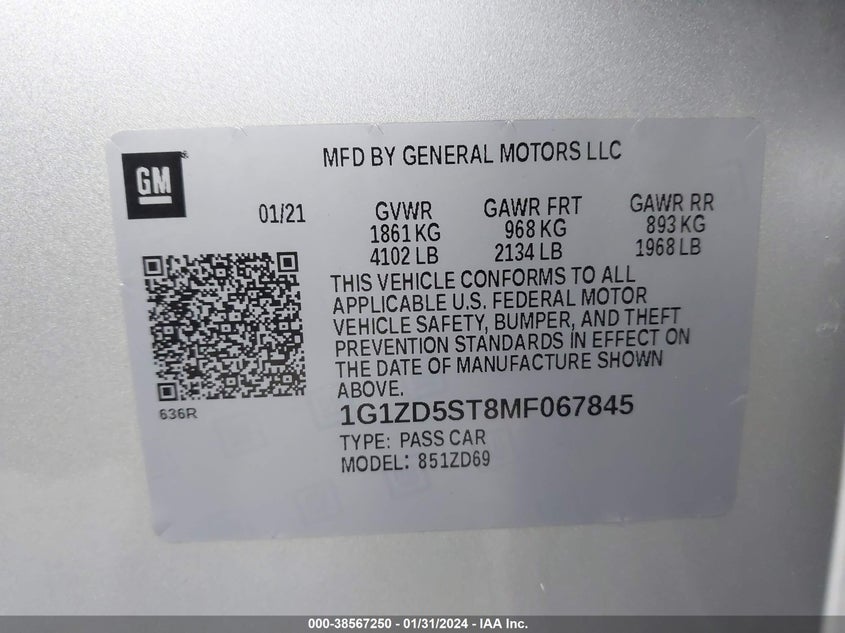 VIN 1G1ZD5ST8MF067845 2021 CHEVROLET MALIBU FWD LT
