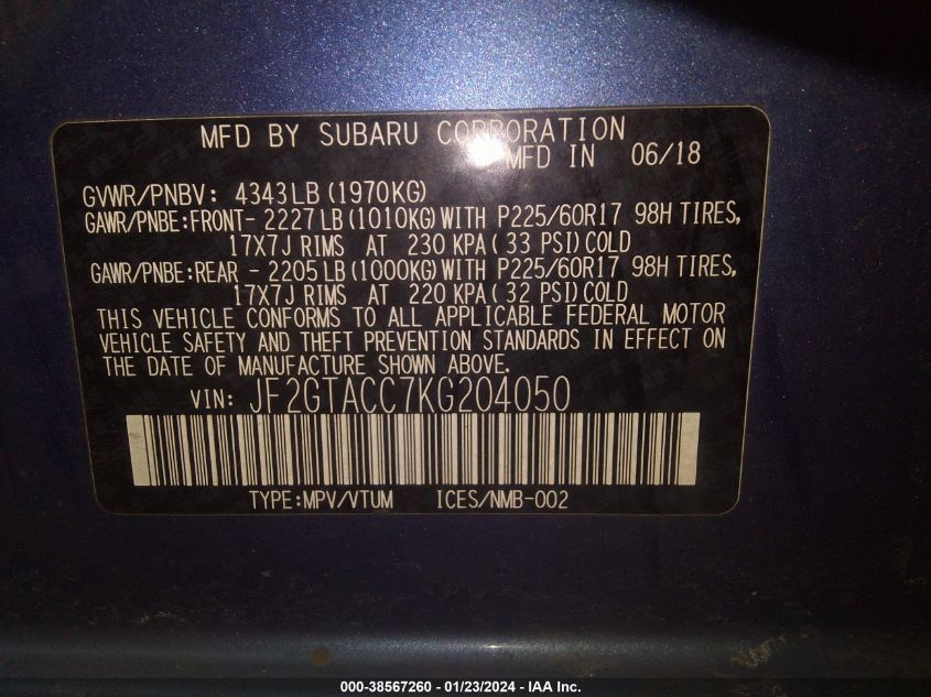 2019 SUBARU CROSSTREK PREMIUM - JF2GTACC7KG204050