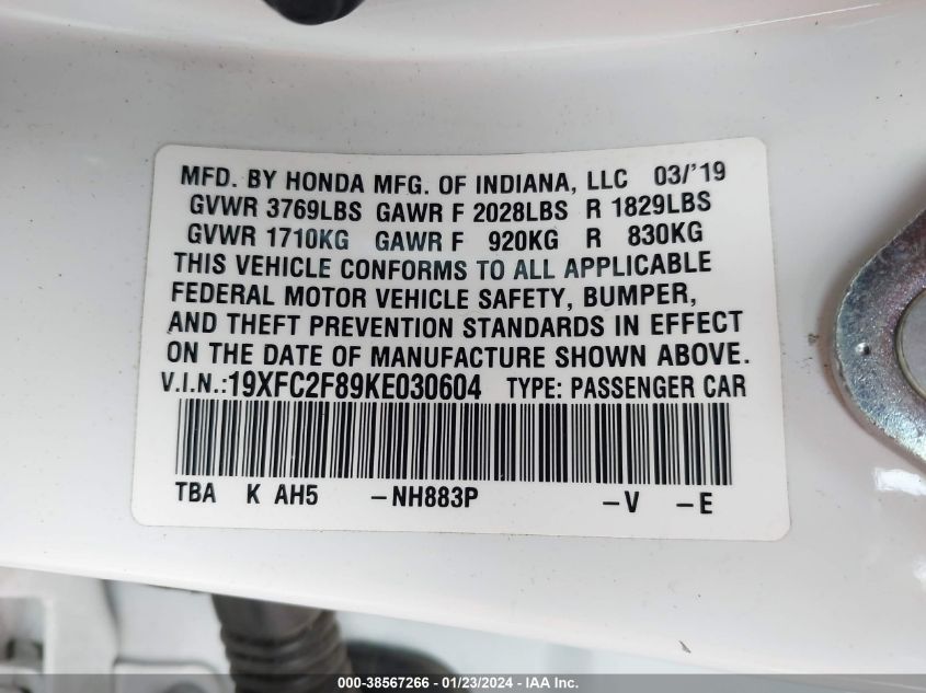 2019 HONDA CIVIC SPORT - 19XFC2F89KE030604