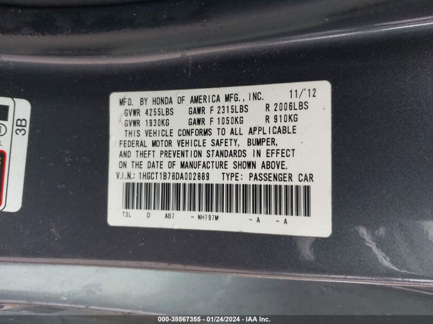 2013 HONDA ACCORD EX - 1HGCT1B78DA002889