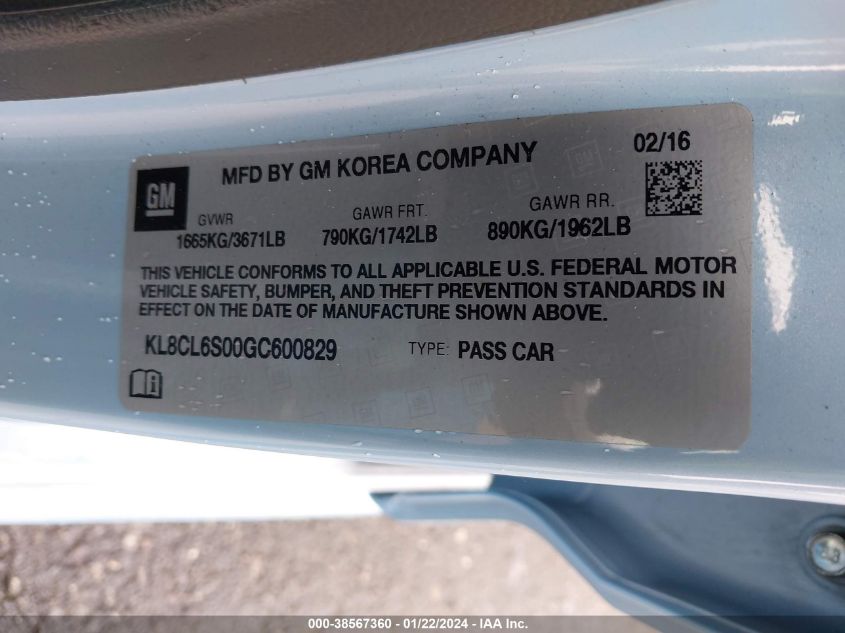 2016 CHEVROLET SPARK EV 2LT - KL8CL6S00GC600829