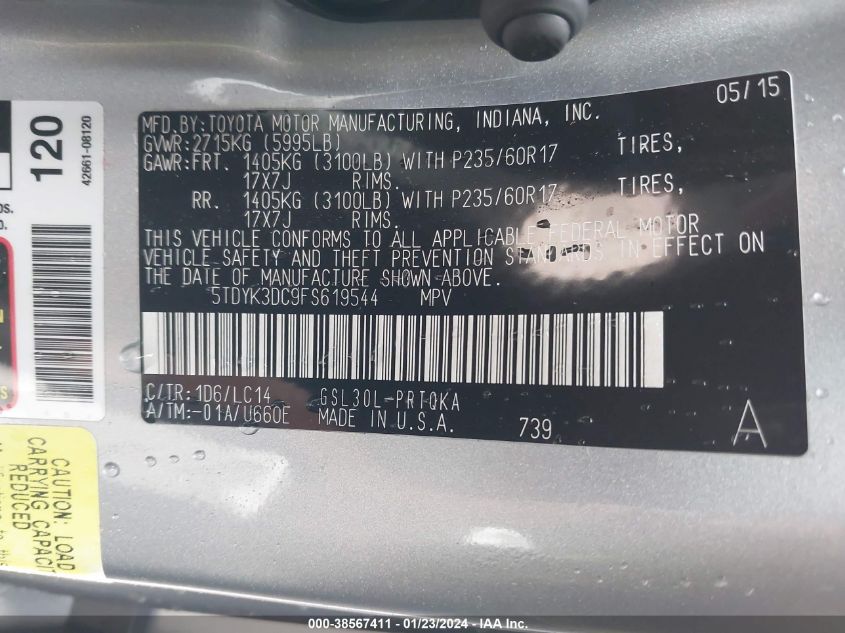 2015 TOYOTA SIENNA XLE/LIMITED - 5TDYK3DC9FS619544