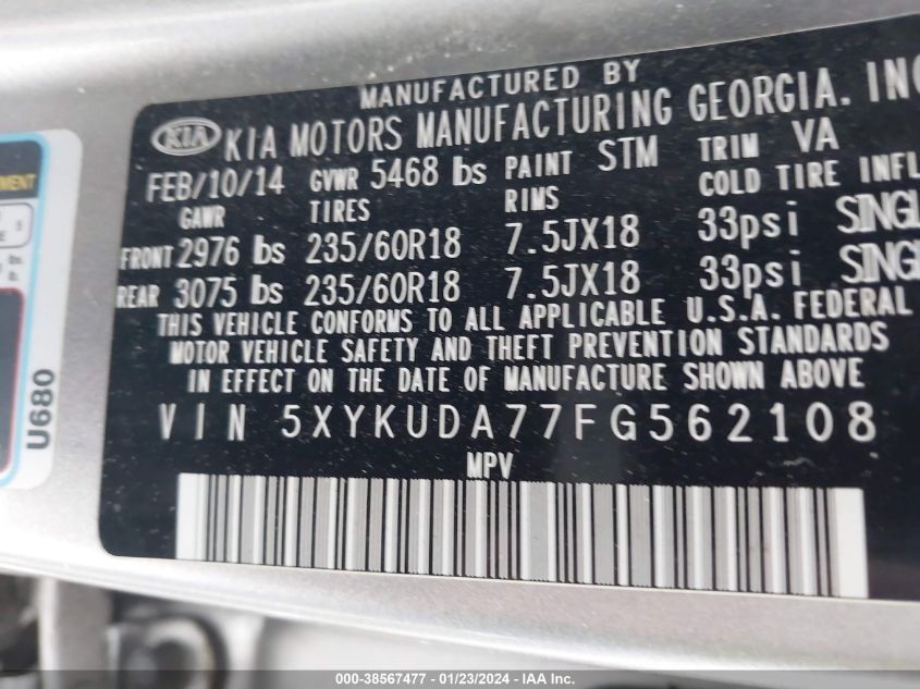 2015 KIA SORENTO EX V6 - 5XYKUDA77FG562108