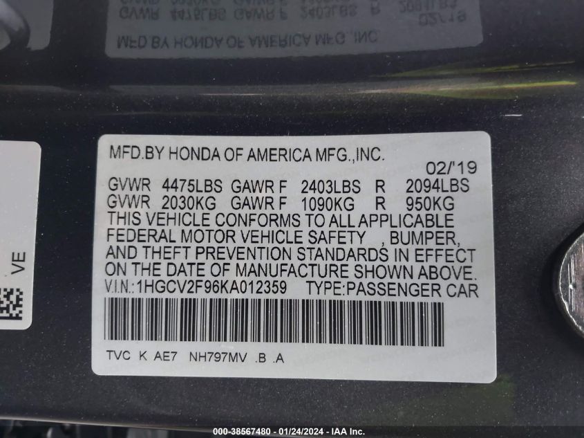 2019 HONDA ACCORD TOURING - 1HGCV2F96KA012359