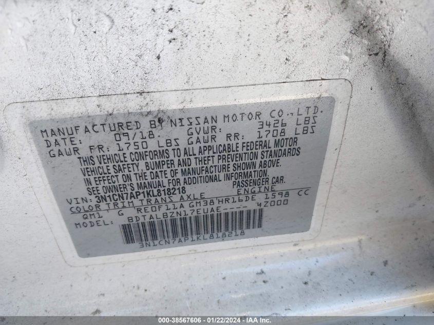 2019 NISSAN VERSA S/S PLUS/SV - 3N1CN7AP1KL818218