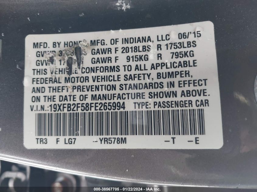 2015 HONDA CIVIC LX - 19XFB2F58FE265994