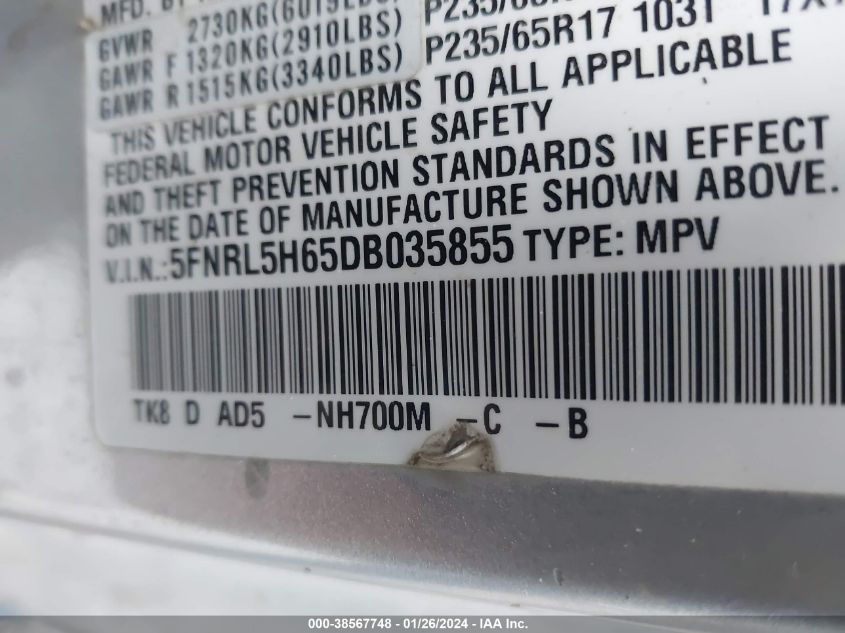 2013 HONDA ODYSSEY EXL - 5FNRL5H65DB035855