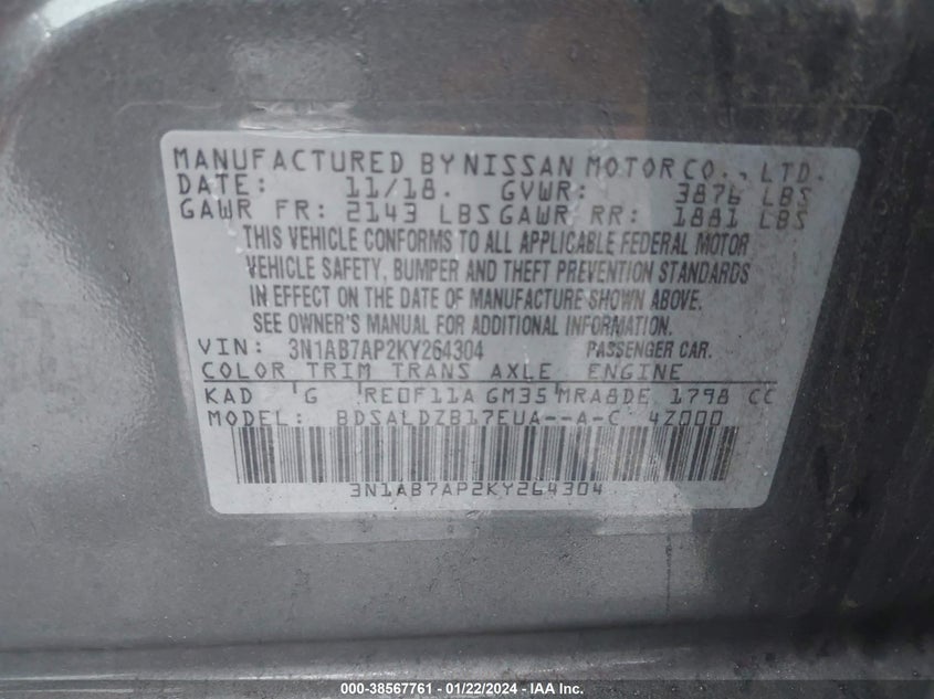 VIN 3N1AB7AP2KY264304 2019 NISSAN SENTRA SV