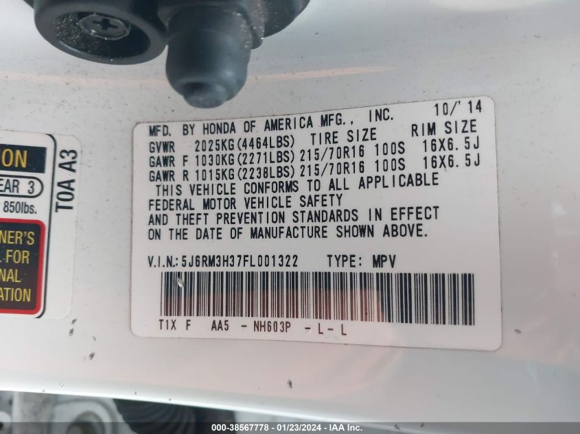 2015 HONDA CR-V LX - 5J6RM3H37FL001322