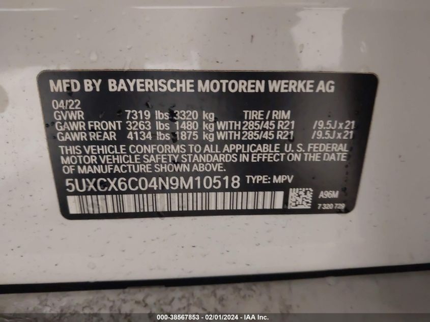 2022 BMW X7 M50I - 5UXCX6C04N9M10518