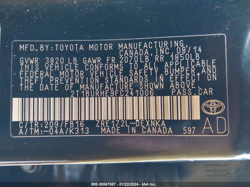 2015 TOYOTA COROLLA L/LE/LE PLS/PRM/S/S PLS - 2T1BURHE9FC241006