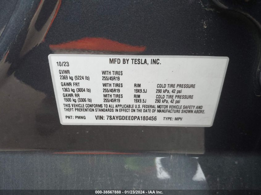 2023 TESLA MODEL Y AWD/LONG RANGE DUAL MOTOR ALL-WHEEL DRIVE - 7SAYGDEE0PA180456