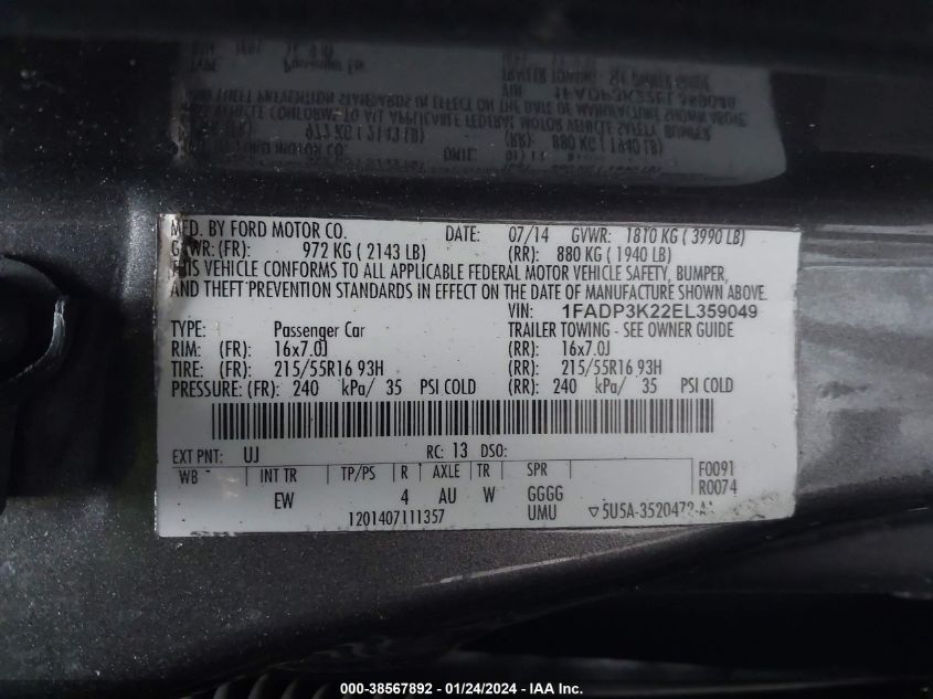 2014 FORD FOCUS SE - 1FADP3K22EL359049