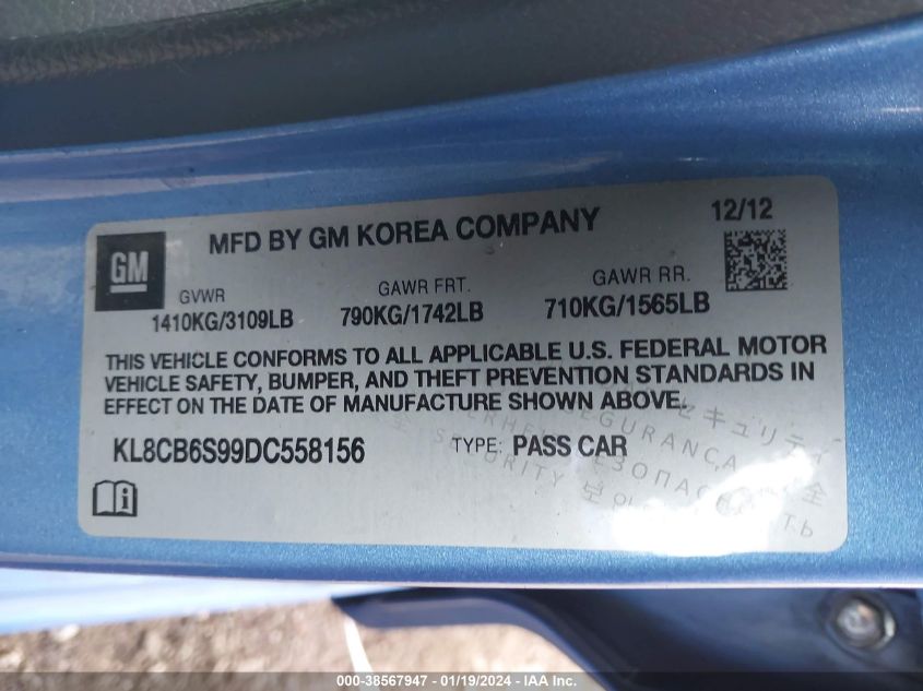 2013 CHEVROLET SPARK LS AUTO - KL8CB6S99DC558156