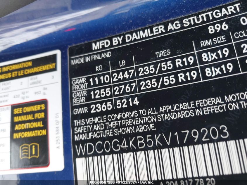 2019 MERCEDES-BENZ GLC 300 300 4MATIC - WDC0G4KB5KV179203