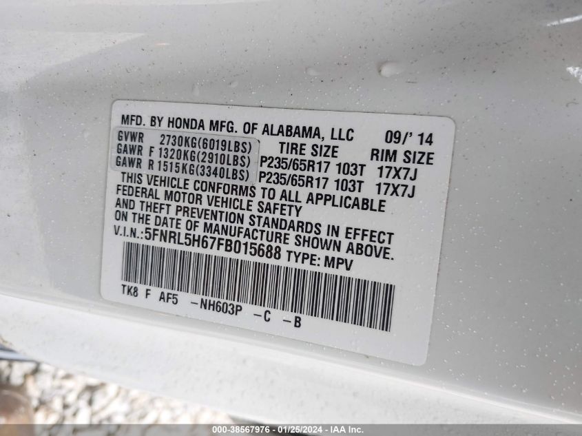 5FNRL5H67FB015688 2015 HONDA ODYSSEY, photo no. 9