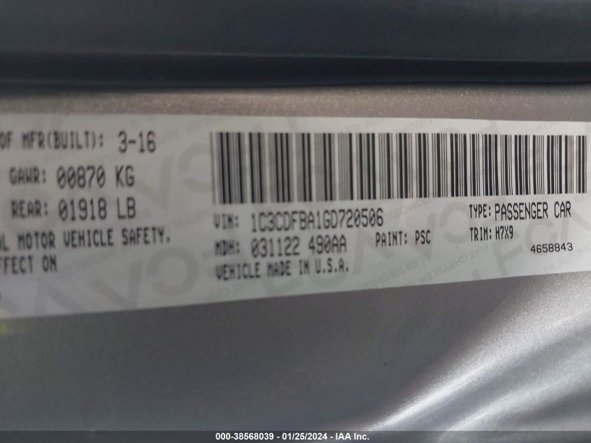 2016 DODGE DART SXT - 1C3CDFBA1GD720506