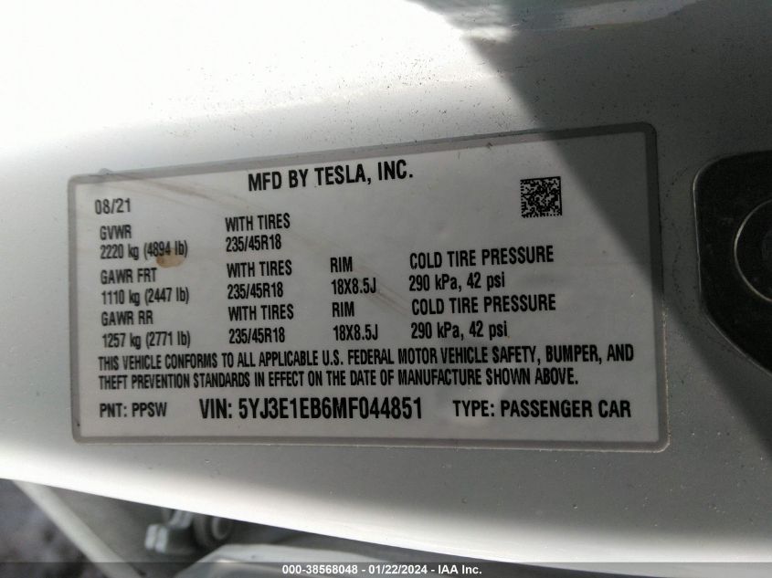 2021 TESLA MODEL 3 LONG RANGE DUAL MOTOR ALL-WHEEL DRIVE - 5YJ3E1EB6MF044851