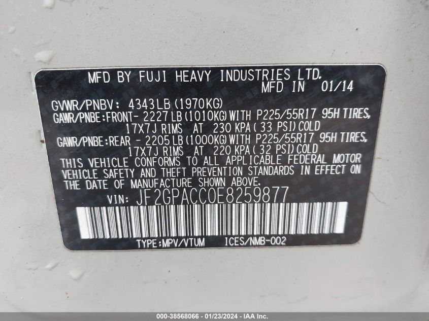 2014 SUBARU XV CROSSTREK 2.0I PREMIUM - JF2GPACC0E8259877