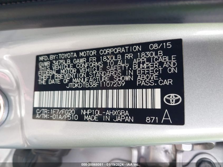 2015 TOYOTA PRIUS C THREE - JTDKDTB38F1107239