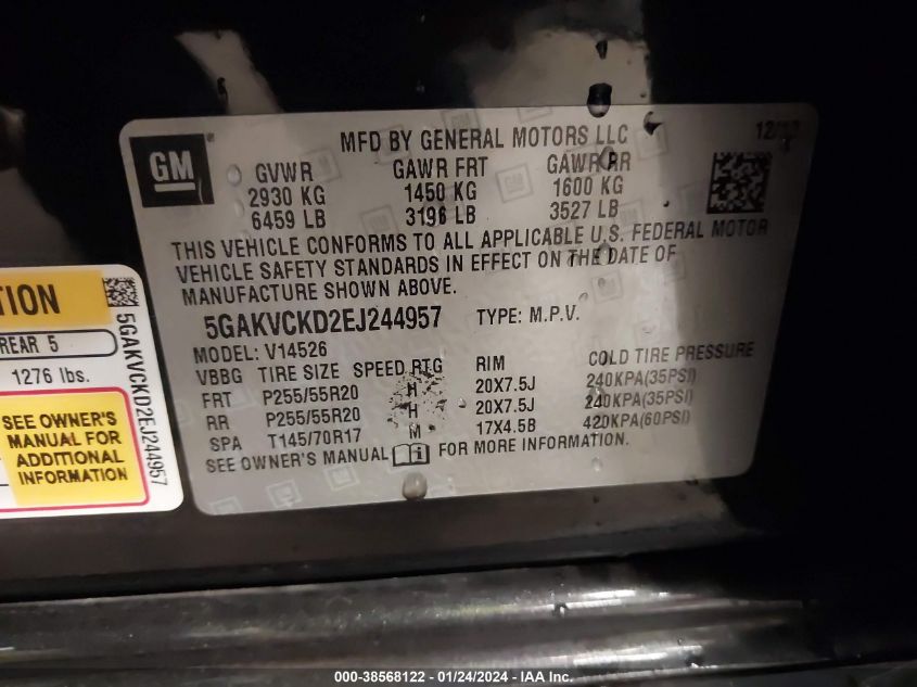 2014 BUICK ENCLAVE PREMIUM - 5GAKVCKD2EJ244957
