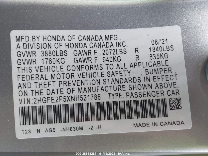 2022 HONDA CIVIC SPORT - 2HGFE2F5XNH521788