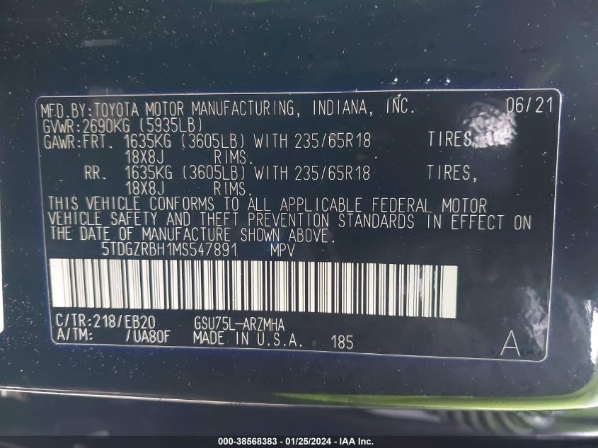 2021 TOYOTA HIGHLANDER XLE - 5TDGZRBH1MS547891