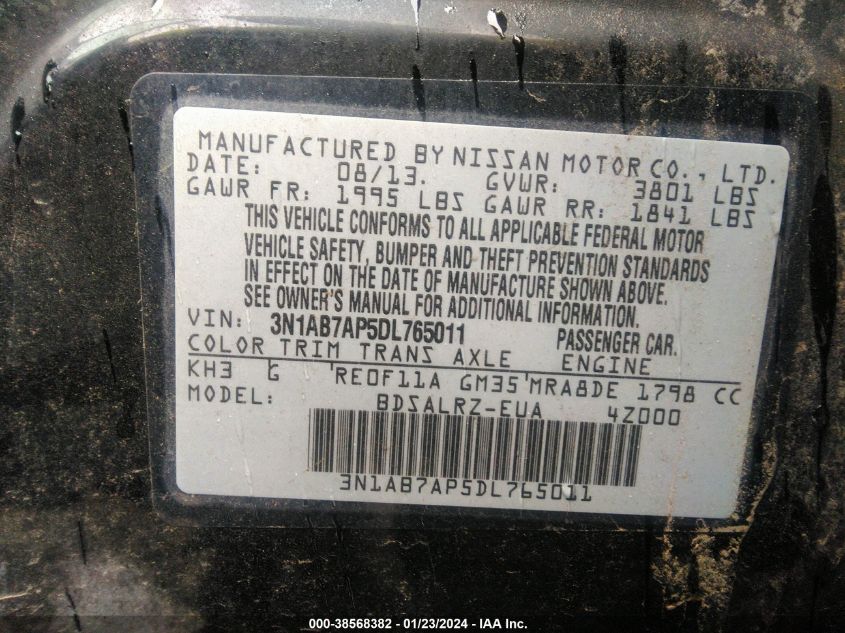 2013 NISSAN SENTRA S/SV/SR/SL - 3N1AB7AP5DL765011