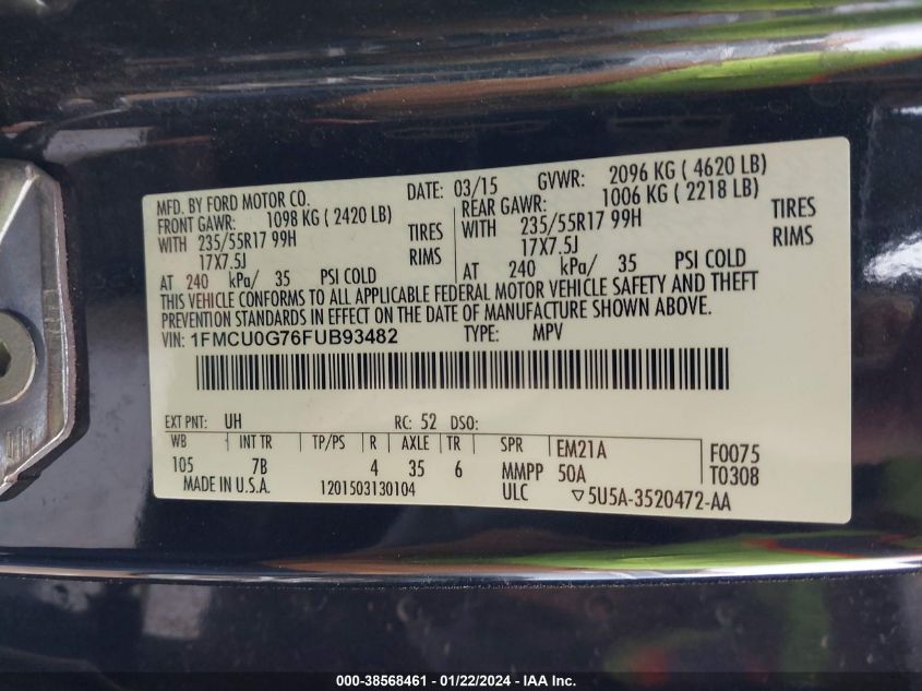 2015 FORD ESCAPE SE - 1FMCU0G76FUB93482