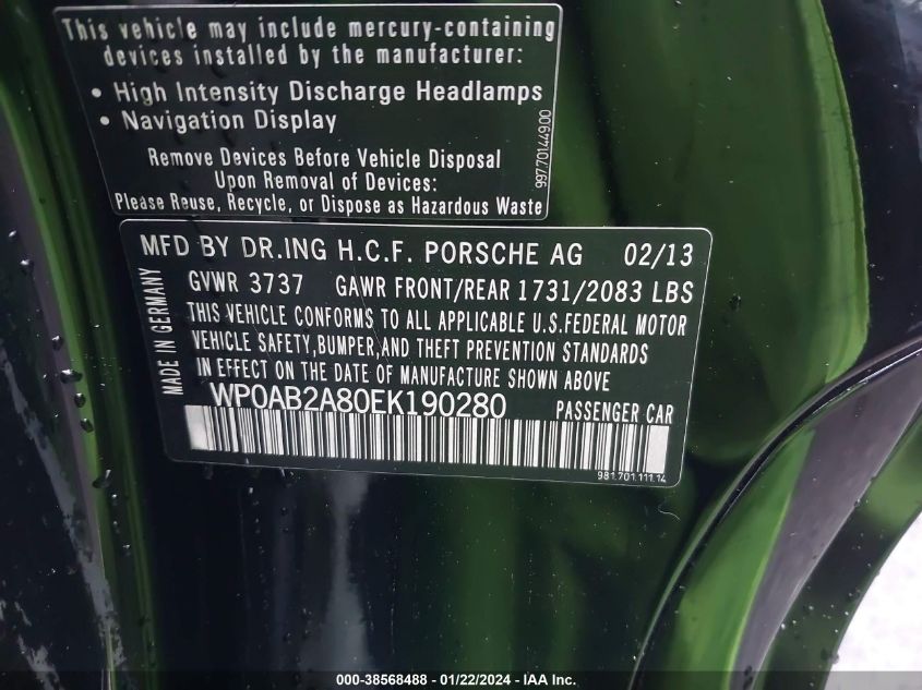 2014 PORSCHE CAYMAN S WP0AB2A80EK190280
