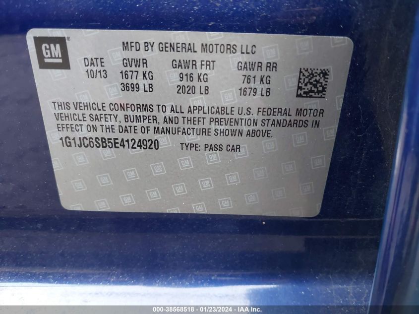 2014 CHEVROLET SONIC LT AUTO - 1G1JC6SB5E4124920