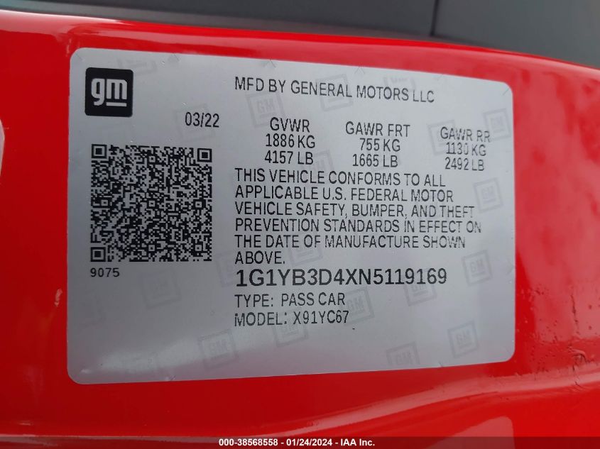 2022 CHEVROLET CORVETTE STINGRAY RWD  2LT 1G1YB3D4XN5119169