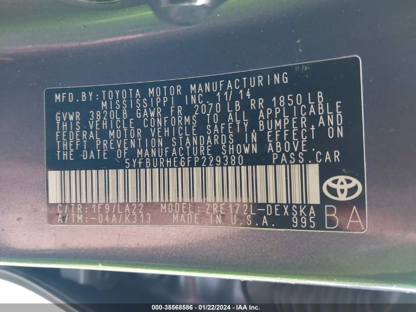 2015 TOYOTA COROLLA S PREMIUM - 5YFBURHE6FP229380
